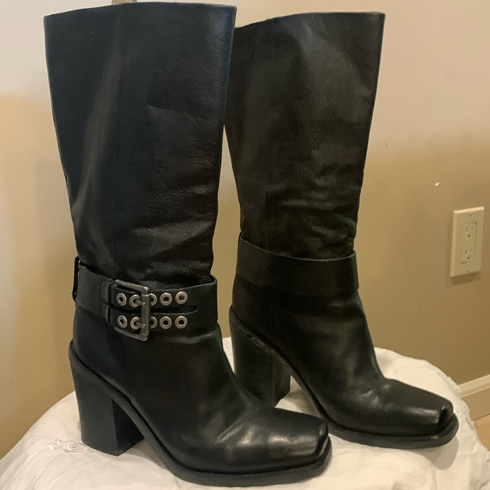 Mid calf black square toe biker boot